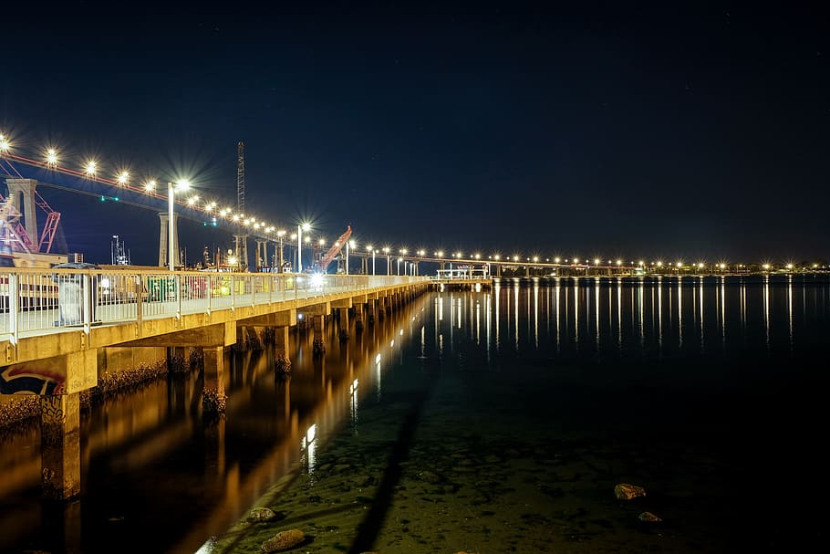 town during nighttime, water, pier, waterfront, dock, port, bridge HD wallpaper