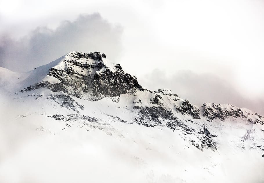 mountains, cliff, rocks, snow, cold, winter, clouds, cloudy HD wallpaper