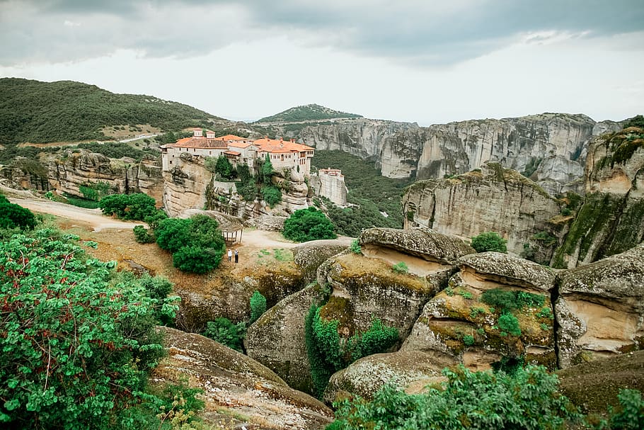 green trees and mountains, nature, outdoors, ruins, plateau, scenery HD wallpaper