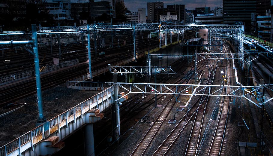 blue lighted bridge near railways, urban, train, city, night, HD wallpaper