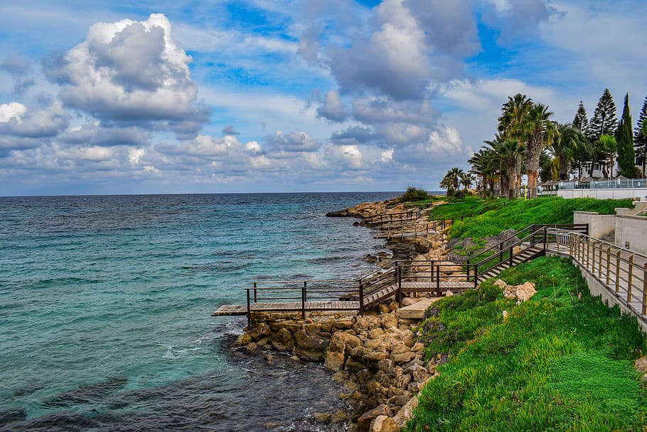 cyprus, protaras, coast, seashore, resort, panoramic, sky, clouds HD wallpaper