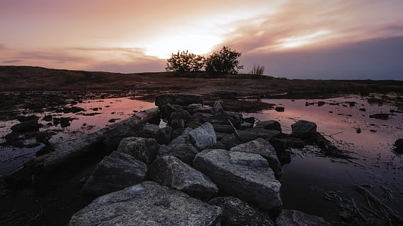 Rubble at the Seashore, clouds, dawn, landscape, nature, rocks HD wallpaper