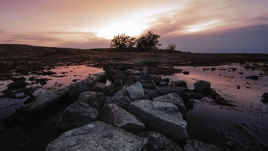 Rubble at the Seashore, clouds, dawn, landscape, nature, rocks HD wallpaper