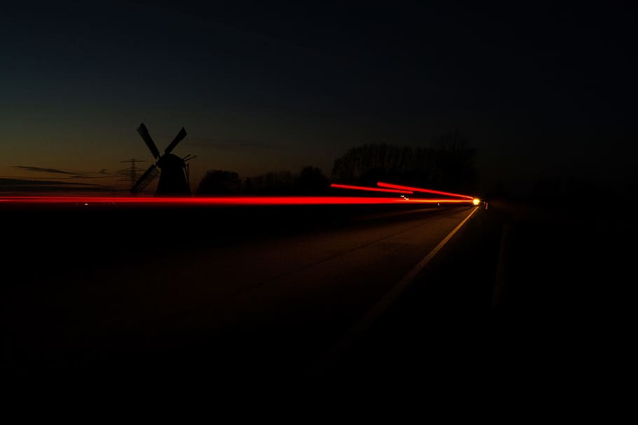 traffic, light, night, dark, effect, windmill, road, light trail HD wallpaper