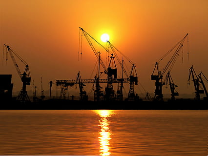 sunset, port, cranes, industries, logistics, water, sky, hamburg HD wallpaper