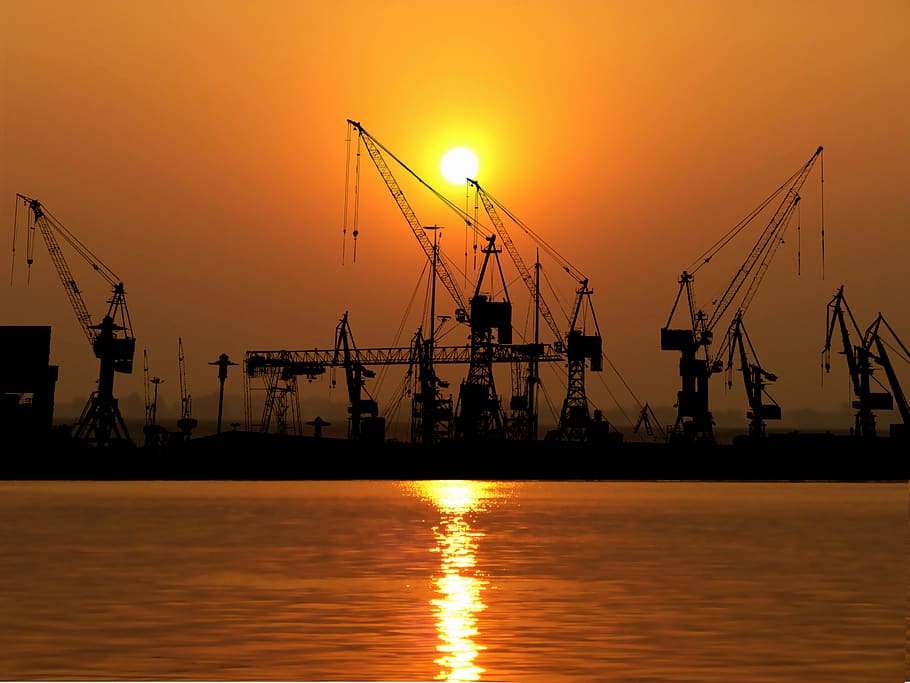 sunset, port, cranes, industries, logistics, water, sky, hamburg HD wallpaper