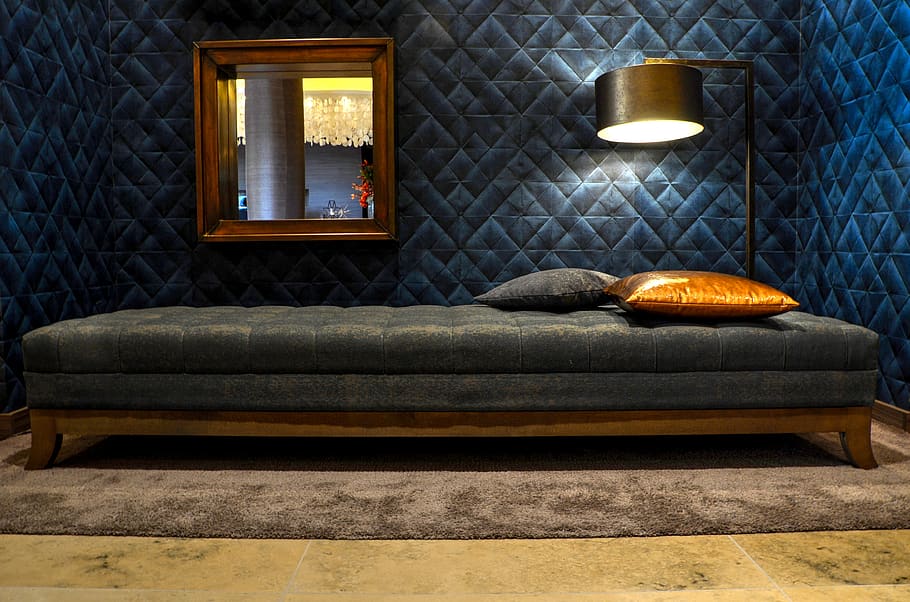 couch, rug, carpet, pillows, lamp, walls, window, lobby, lounge HD wallpaper