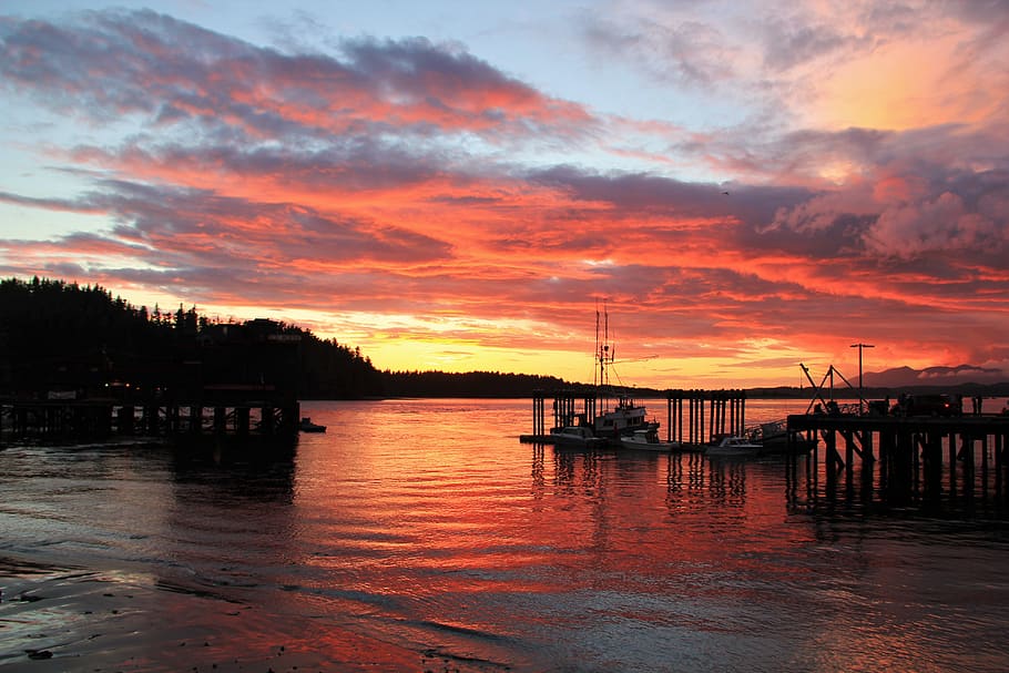 harbour, sunset, ocean, water, sky, cloud - sky, scenics - nature HD wallpaper