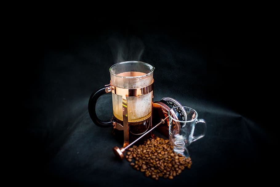 Photo of Open Coffee Press Beside Glass, aroma, beans, brewed coffee HD wallpaper