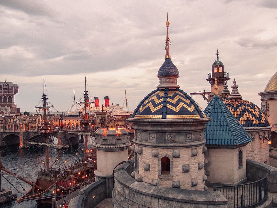 ship near bridge, water, steeple, building, spire, architecture HD wallpaper