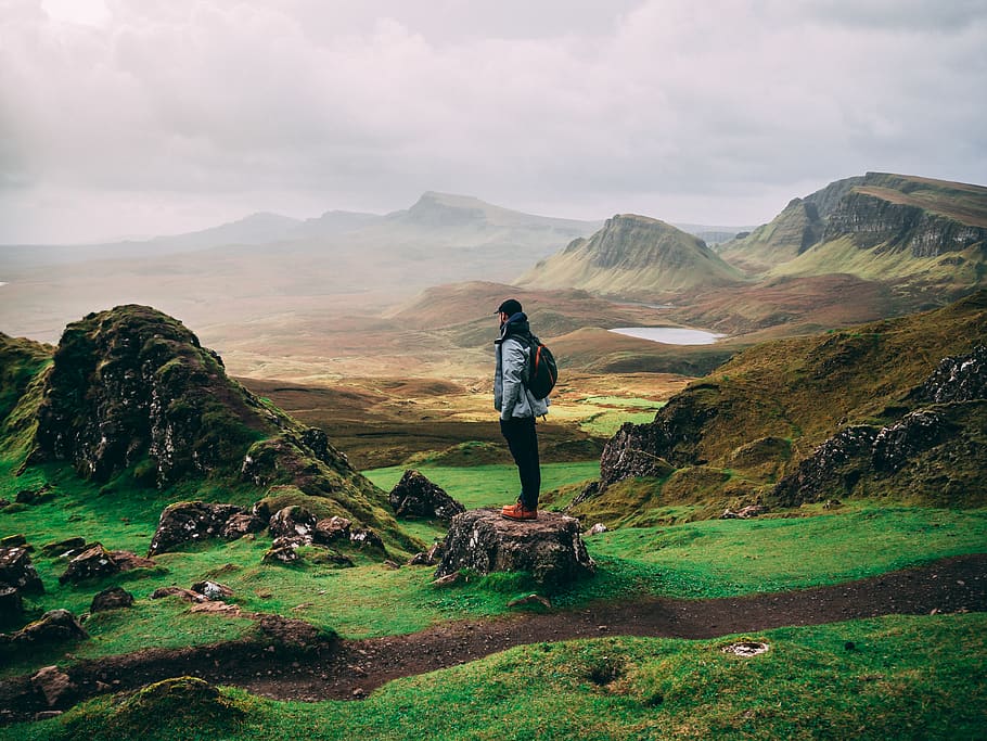 standing woman with backpack facing mountains, scenics - nature HD wallpaper