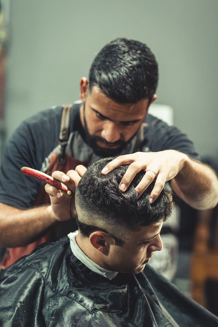 Barber Cutting Person's Hair, barbershop, facial expression, facial hair