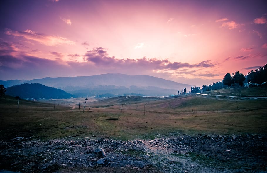 Green Grass Field Near Mountains Under Golden Hour, beautiful HD wallpaper