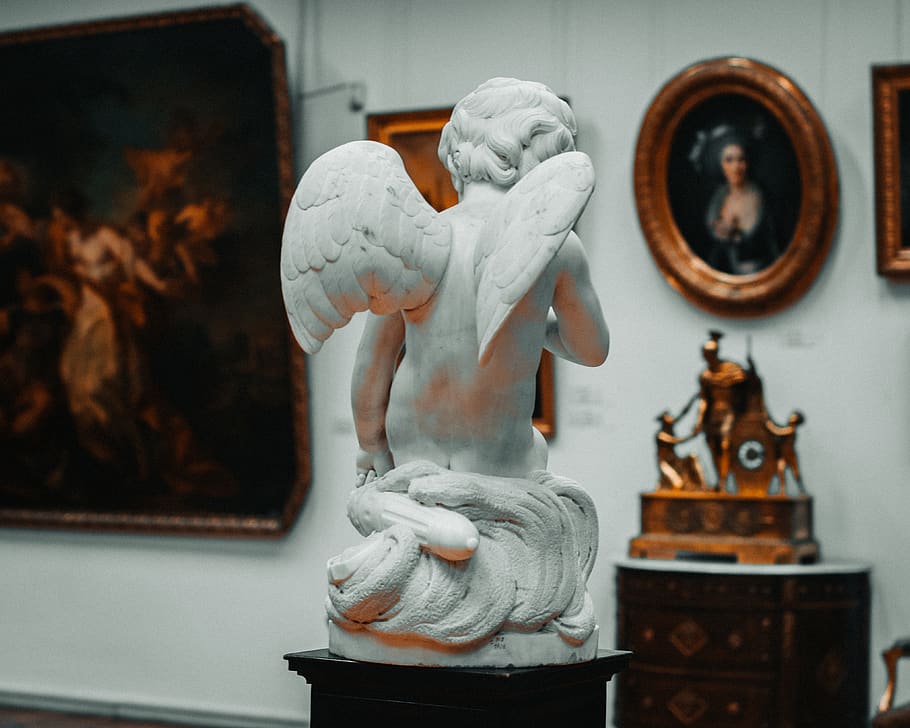 cherub statue on pedestal, art and craft, sculpture, representation, HD wallpaper