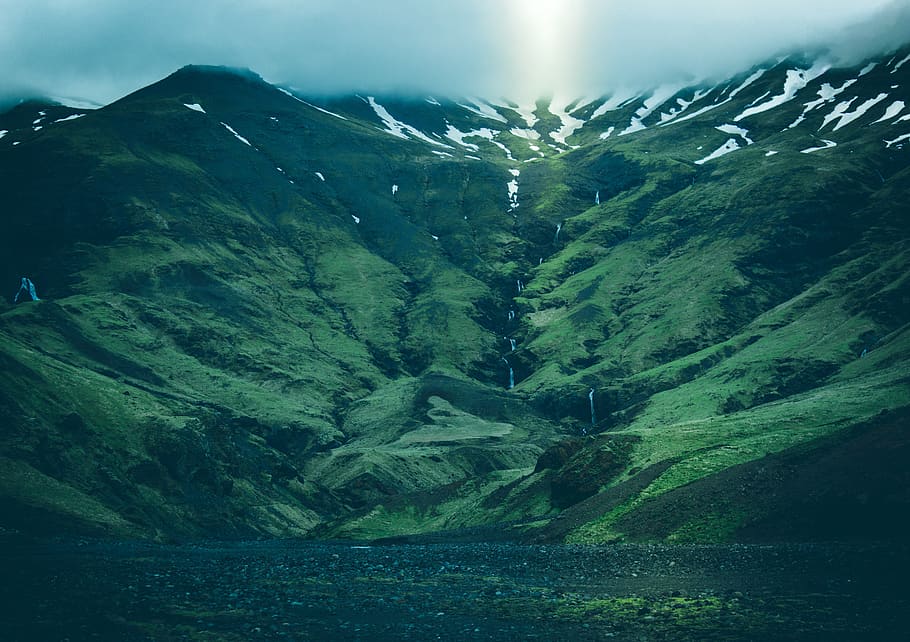 green, mountain, highland, cloud, sky, summit, ridge, landscape HD wallpaper