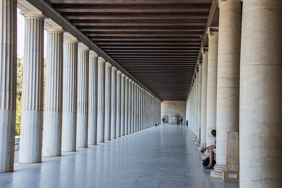 columns, temple, museum, athens, architecture, depth, perspective HD wallpaper