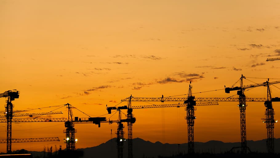 beijing, construction, tower crane, nightfall, sunset, sky HD wallpaper