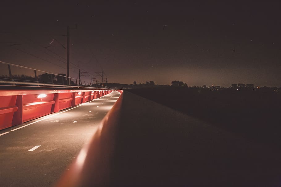 zwolle, netherlands, red, dark, lights, trees, bridge, holland HD wallpaper