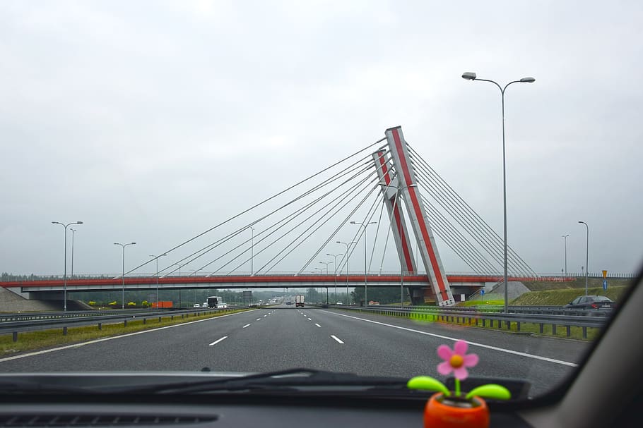 Suspension Bridge Ahead of Road, asphalt, auto, automobile, blur HD wallpaper