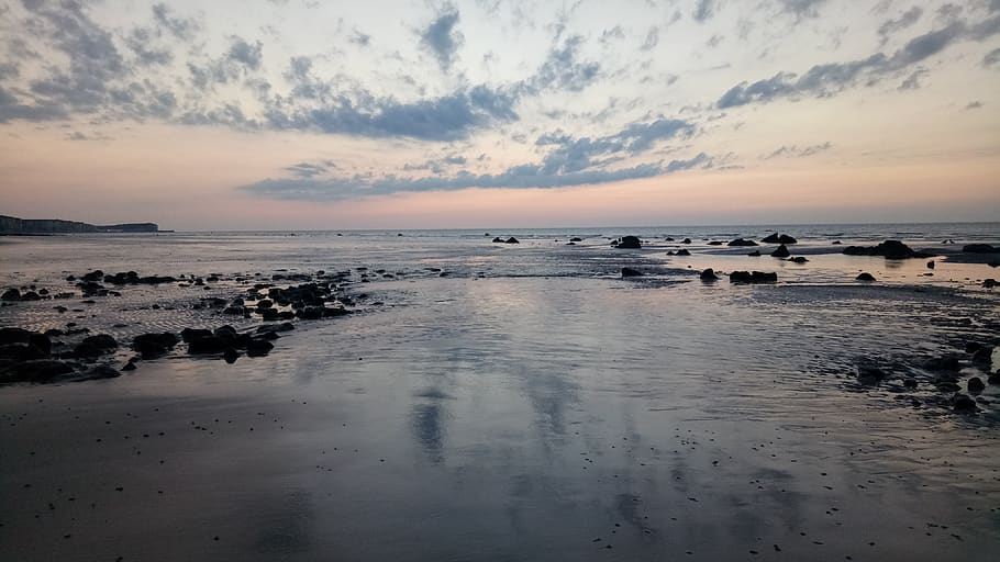coast, sea, rocks, sunset, normandie, mirror, nature, water HD wallpaper