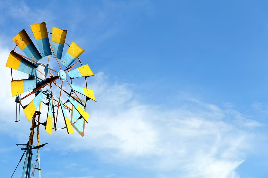 Windmill and blue sky, energy, nature, low angle view, cloud - sky HD wallpaper