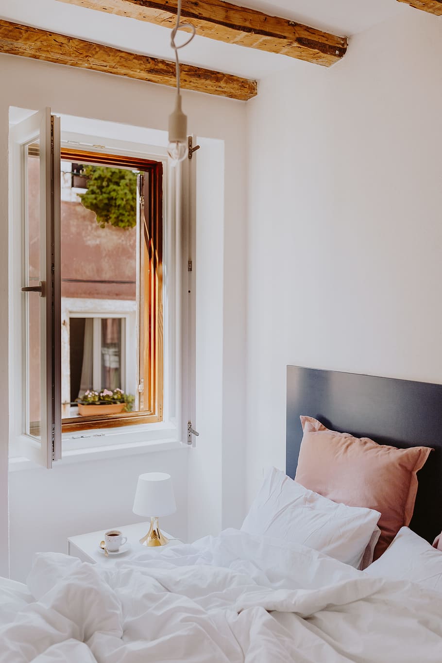 White bedroom interior with window, pillows, scandi, bedding HD wallpaper