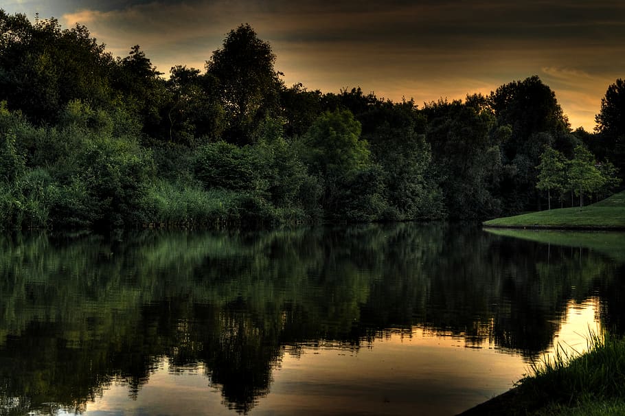 lake, water, reflection, trees, sky, dark, dusk, nature, hdr HD wallpaper
