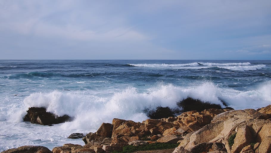 ocean, sea, waves, rocks, coast, water, splash, horizon over water HD wallpaper