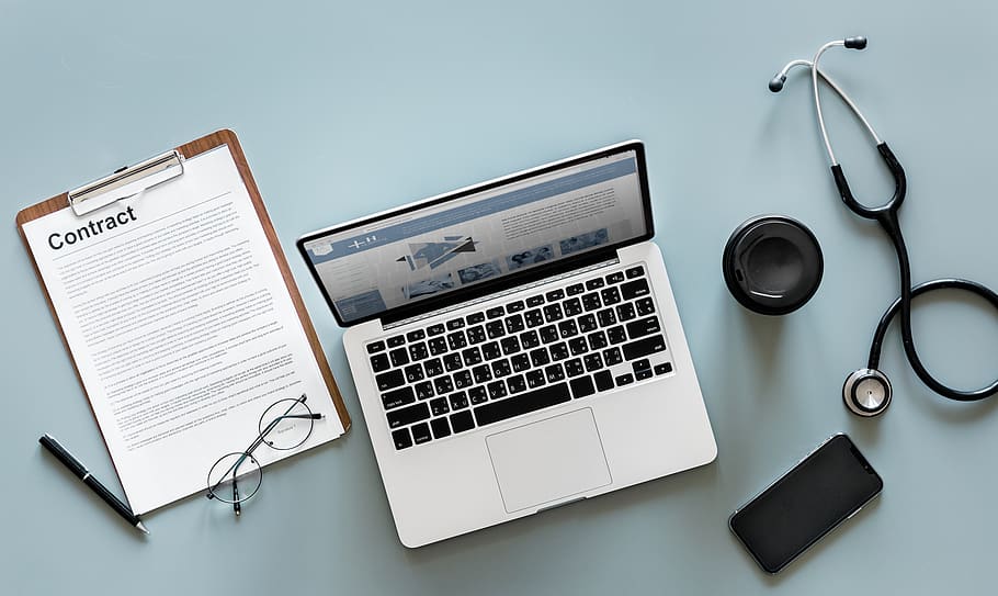 Macbook Pro Near Stethoscope and Paper Clipboard, clinical, coffee cup, HD wallpaper