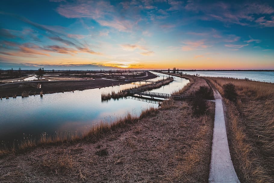 Photo of Body of Water, clouds, dawn, evening, farm, grass, landscape HD wallpaper