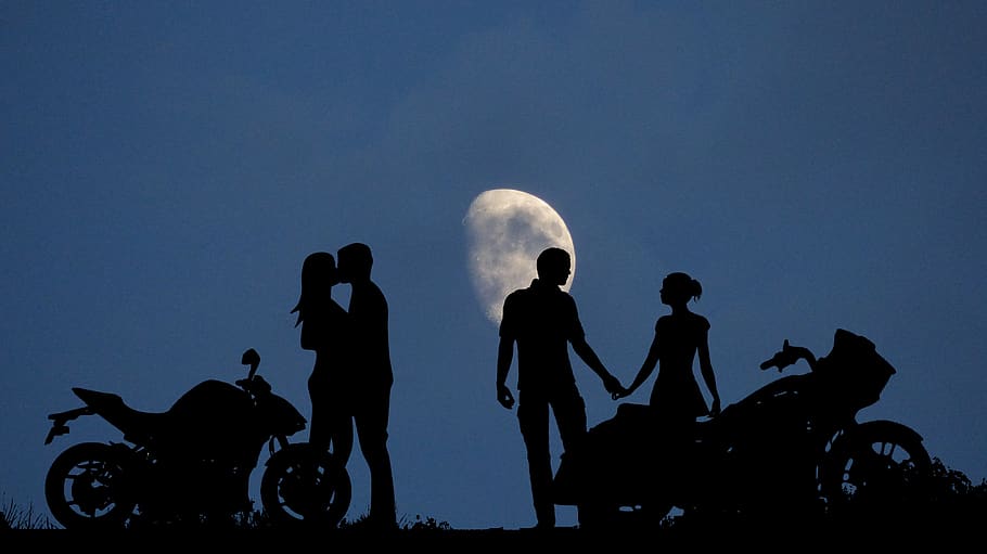 night, moon, couples, motorcycles, romance, dark, landscape HD wallpaper