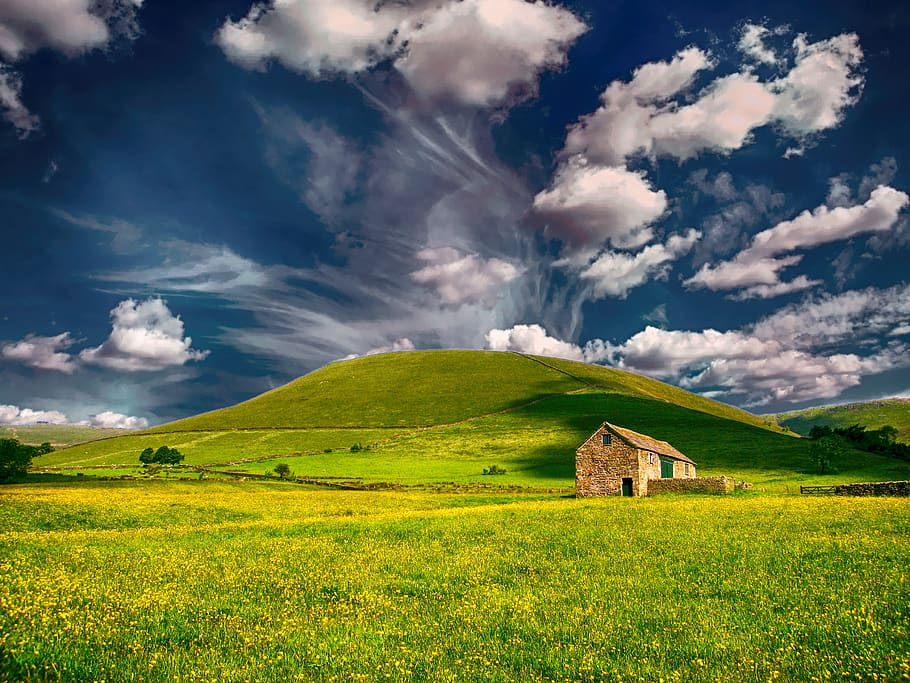 landscape, clouds, sky, summer, outdoors, countryside, barn HD wallpaper