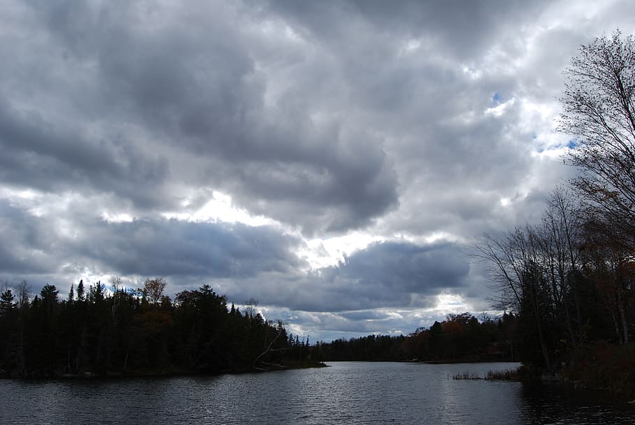 sky, clouds, storm, lake, trees, cloud - sky, water, plant HD wallpaper