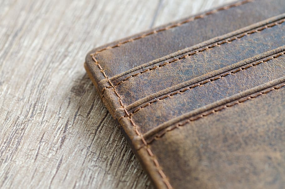 Brown Leather Wallet, close-up, design, sewing threads, no people