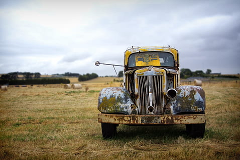 still, items, things, truck, old, rusty, grass, bushes, sky HD wallpaper