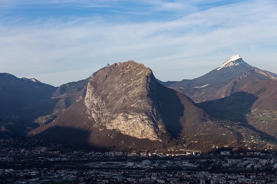 rock, mountains, snow, sun, sunset, outdoor, hiking, city, architecture, HD wallpaper