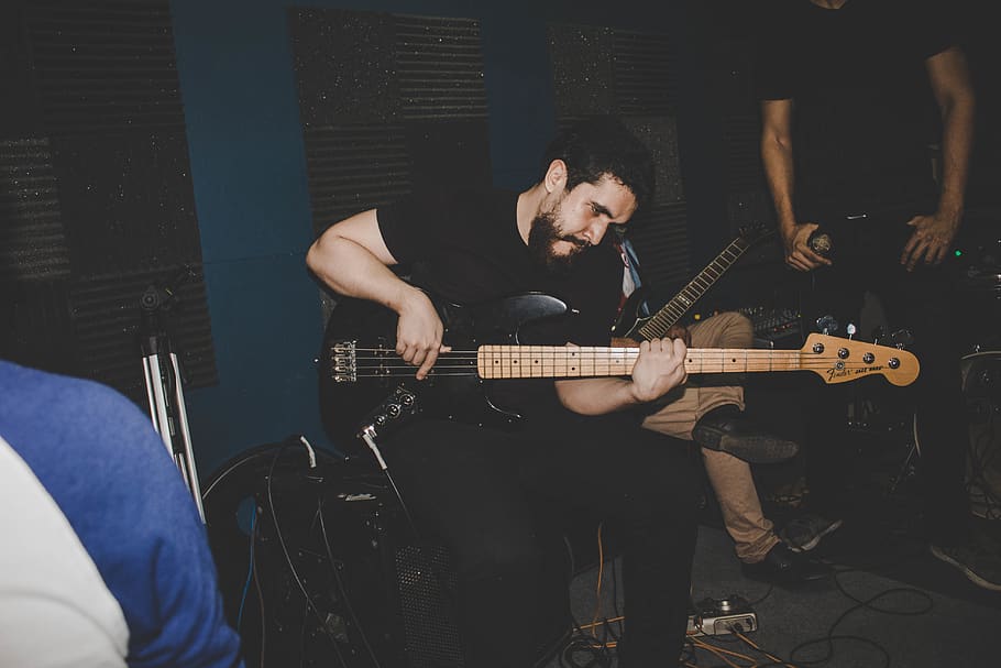 man playing electric guitar, musical instrument, string instrument HD wallpaper