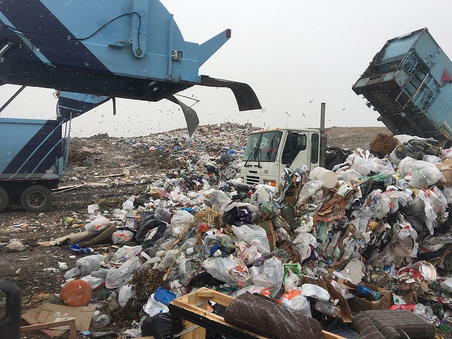 Bags of garbage getting emptied from trucks at a dump., consumer