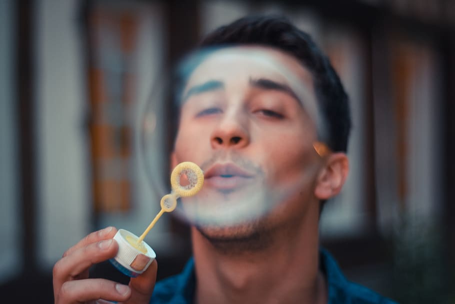 man blowing bubble, person, human, confectionery, food, sweets HD wallpaper