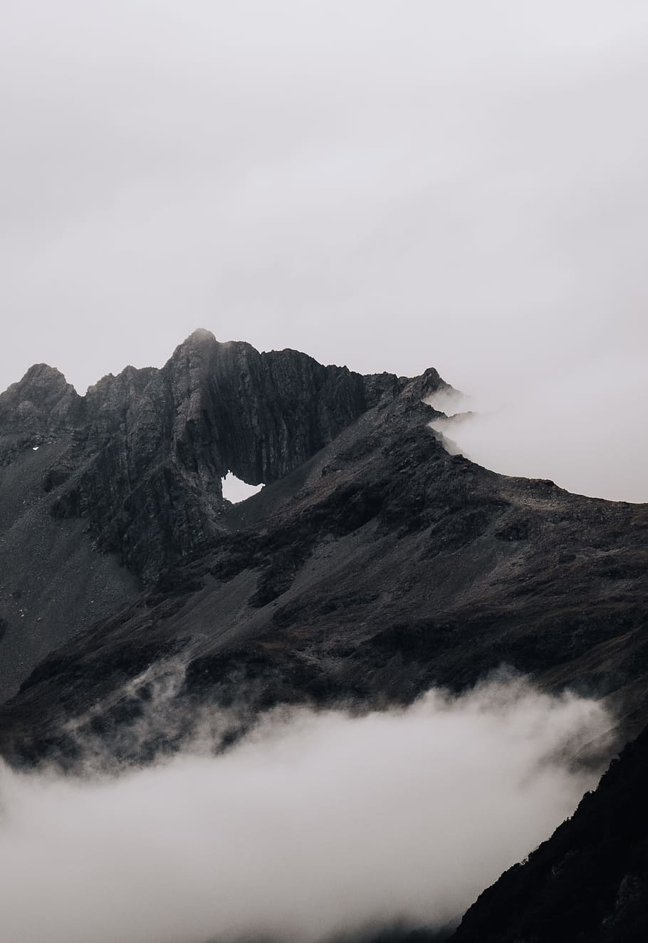 dried lava, mountain, mist, fog, cloud, cloudscape, black and white HD wallpaper
