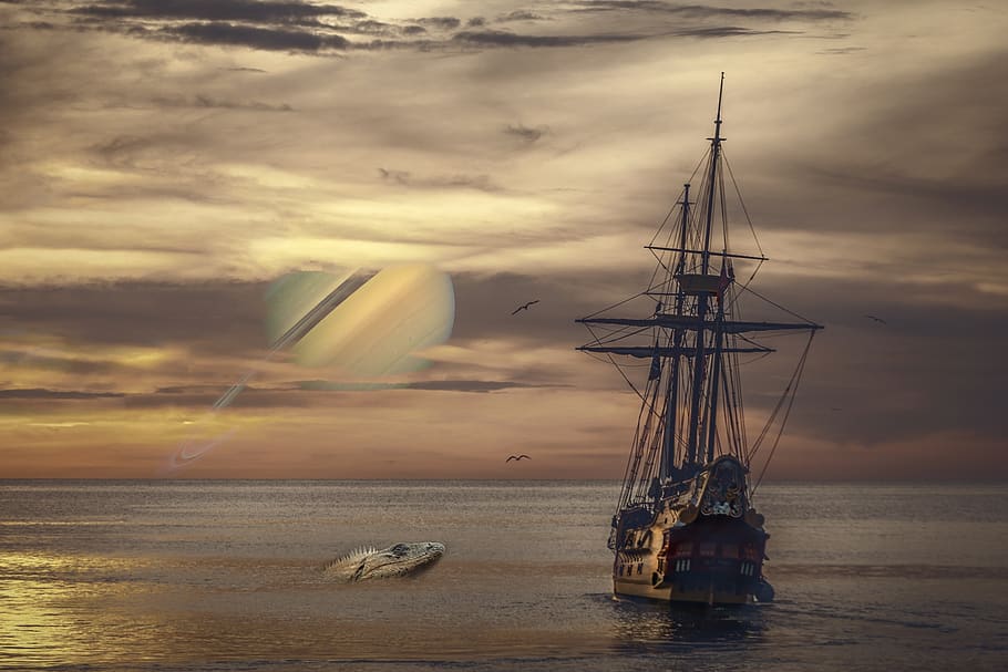 ship, boat, ocean, sky, iguana, saturn, sunset, sailing, dusk HD wallpaper