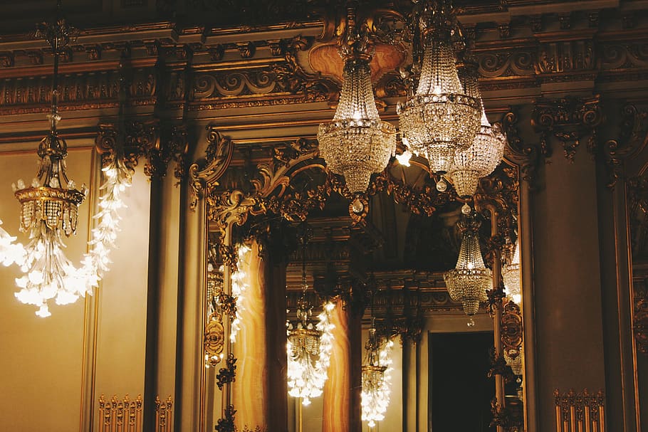 lit chandelier, architecture, indoors, lighting equipment, built structure HD wallpaper
