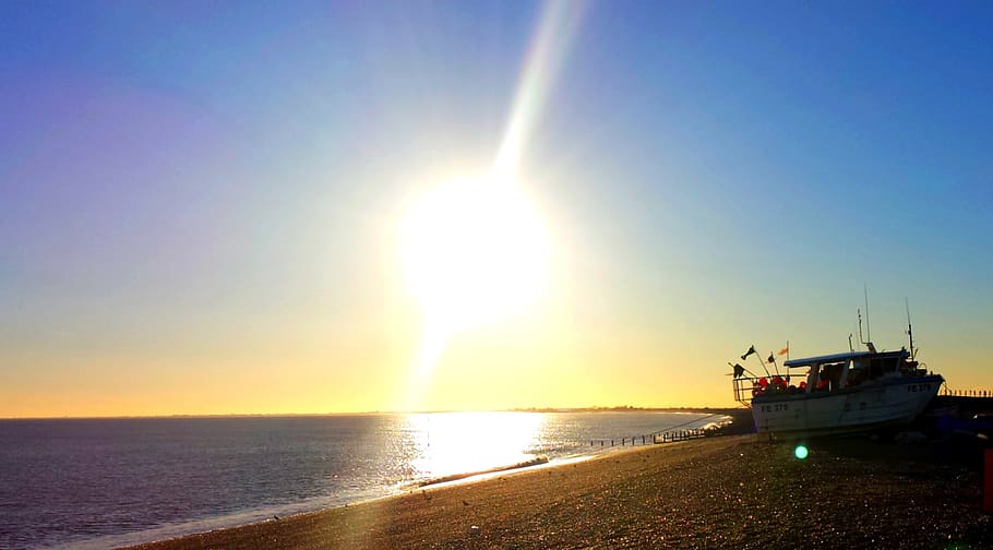 sky, sunset, beach, shingle, boat, coast, shore, shoreline HD wallpaper