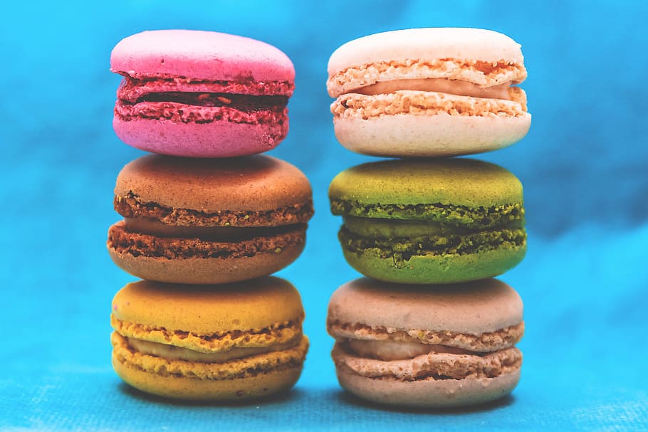 six assorted-color macaroons formation, macaron, food, cake, dessert HD wallpaper