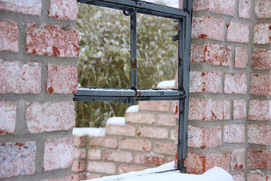 snow, window, winter, house, wall, brick, day, brick wall, wall - building feature HD wallpaper