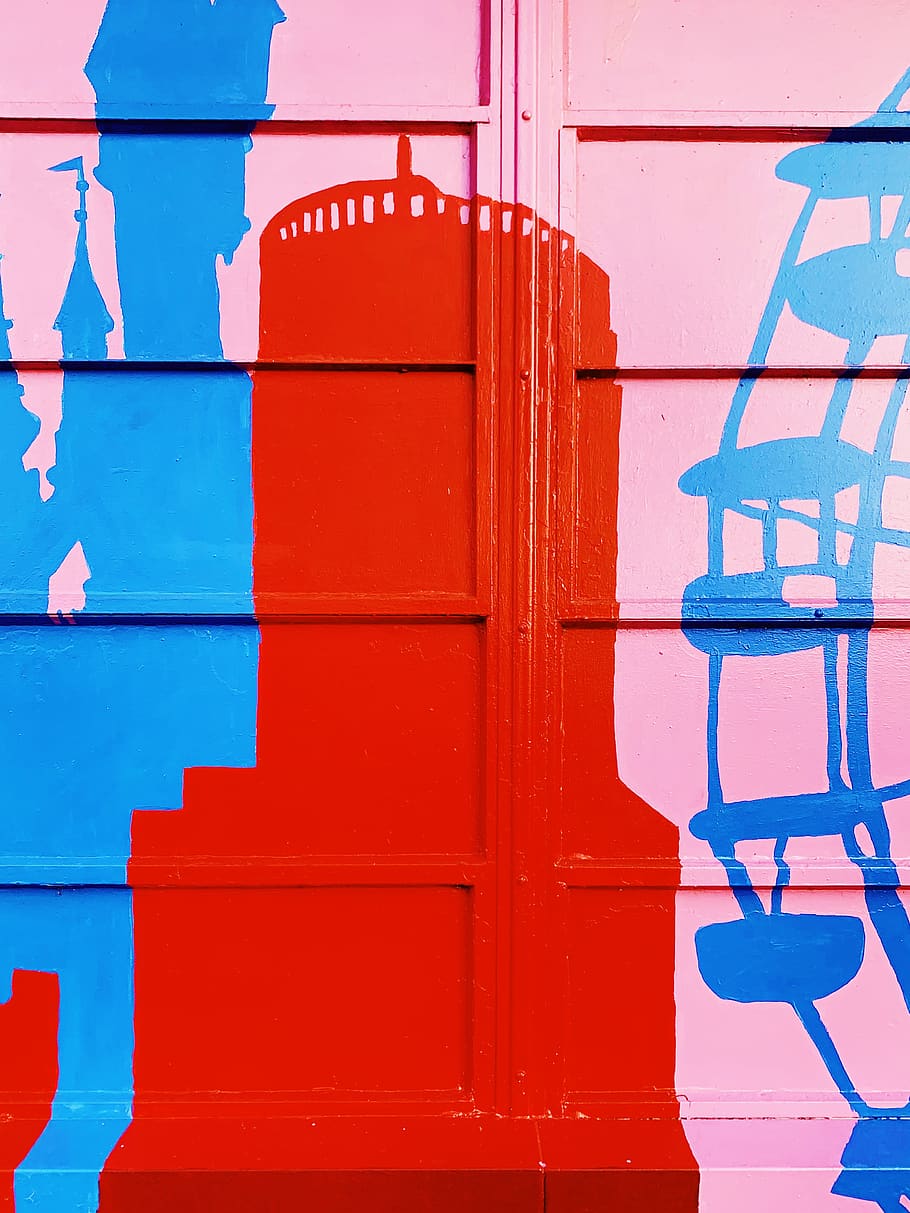 red painted wall, art, graffiti, text, blue, pink, publicart HD wallpaper