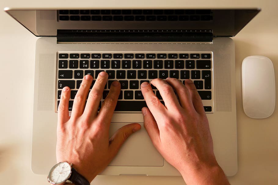 macbook, laptop, computer, technology, keyboard, hands, typing HD wallpaper