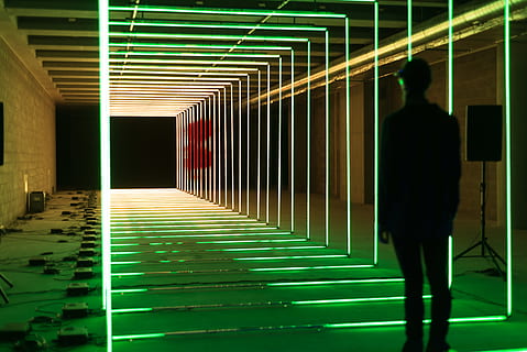 green LED light, person, human, neon, laser, lighting, corridor HD wallpaper