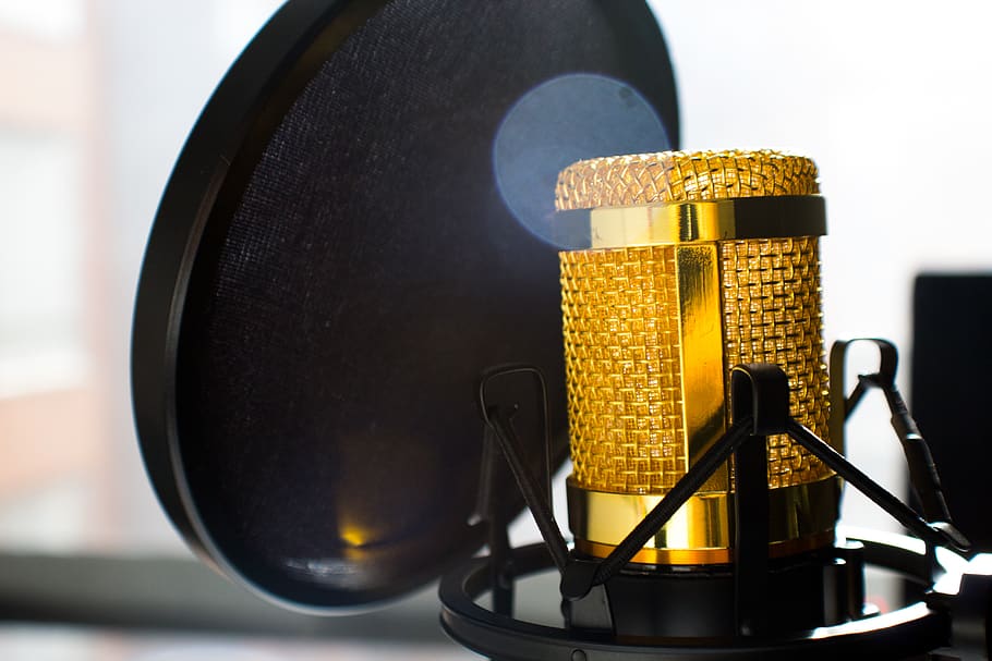 Close Up Photo of Gold-colored and Black Condenser Microphone HD wallpaper