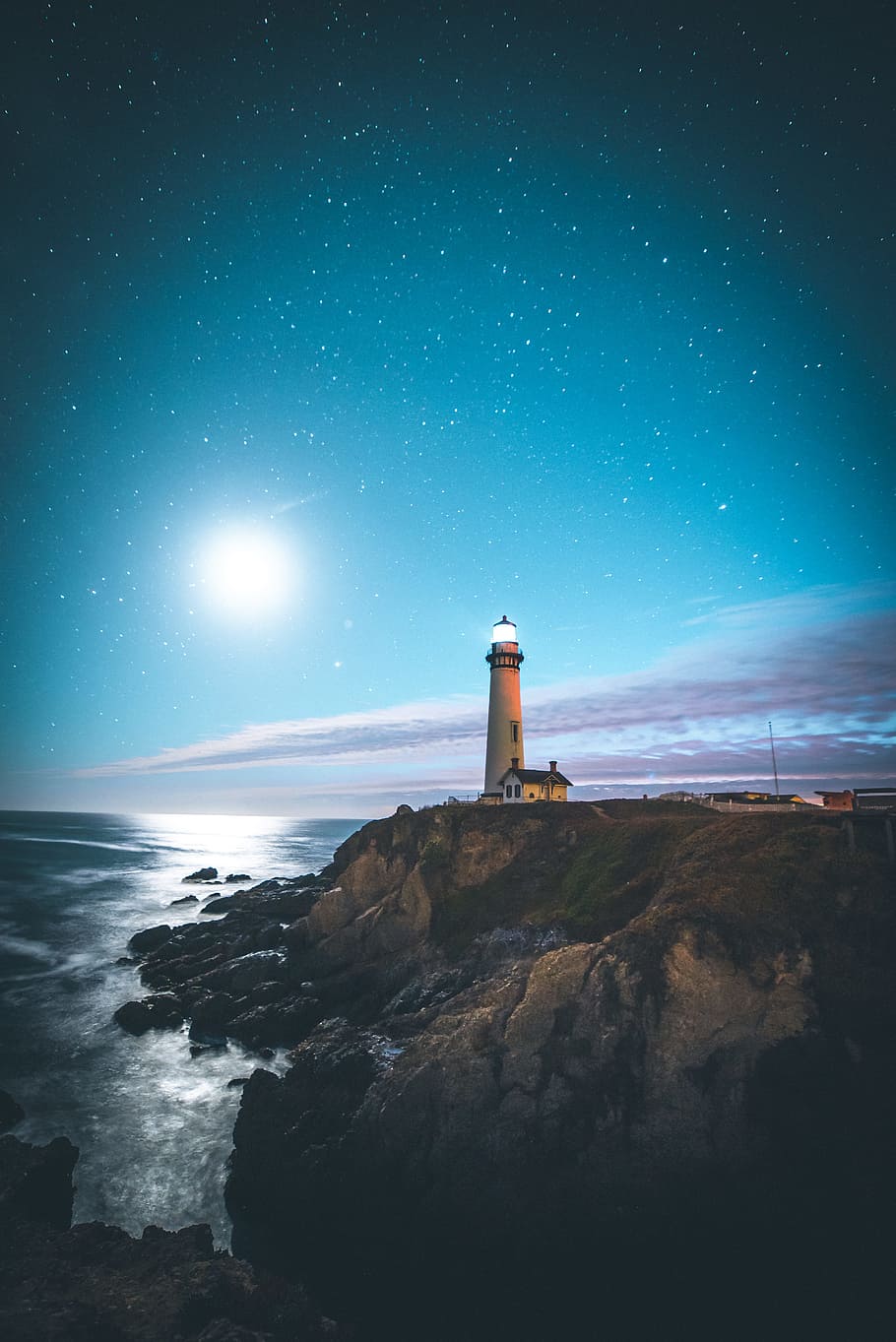 brown lighthouse, star, sky, building, moon, horizon, cliff, bluff